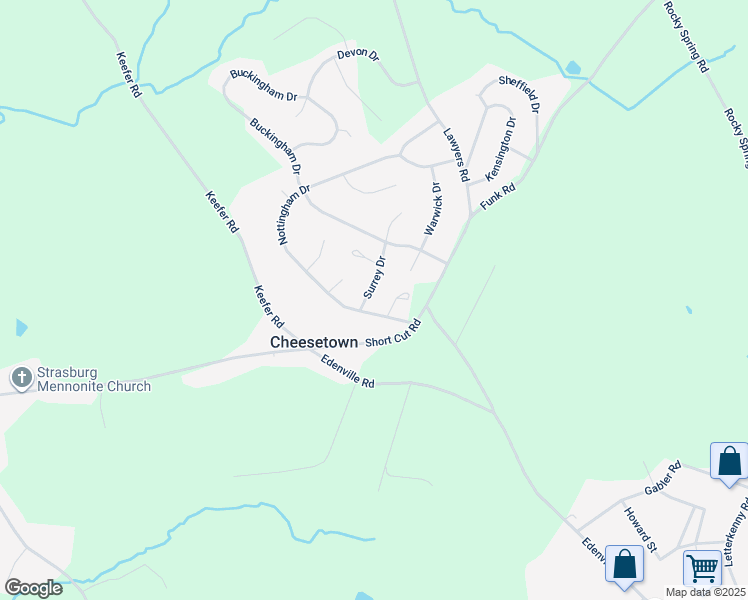 map of restaurants, bars, coffee shops, grocery stores, and more near 36 Surrey Drive in Chambersburg