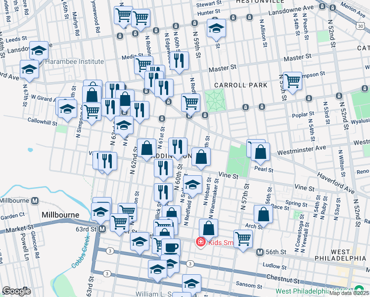 map of restaurants, bars, coffee shops, grocery stores, and more near 357 North 60th Street in Philadelphia
