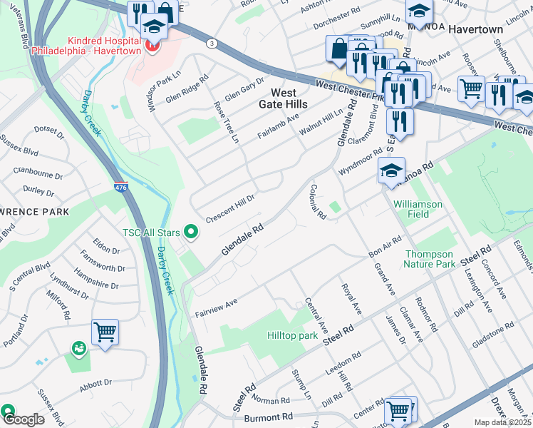 map of restaurants, bars, coffee shops, grocery stores, and more near 305 Glendale Road in Havertown