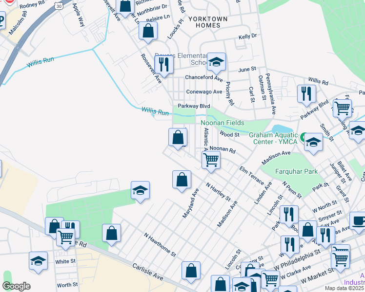 map of restaurants, bars, coffee shops, grocery stores, and more near 1001 Roosevelt Avenue in York