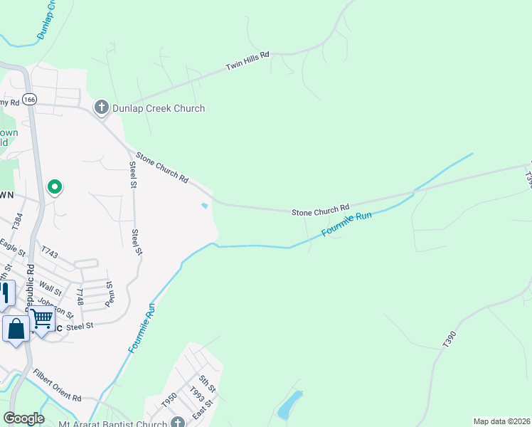 map of restaurants, bars, coffee shops, grocery stores, and more near 292 Stone Church Road in Grindstone