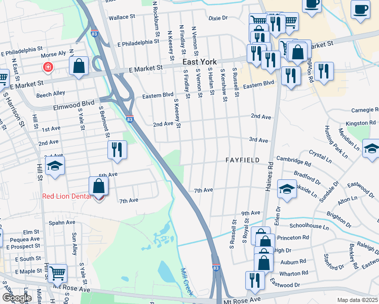 map of restaurants, bars, coffee shops, grocery stores, and more near 330 South Findlay Street in East York