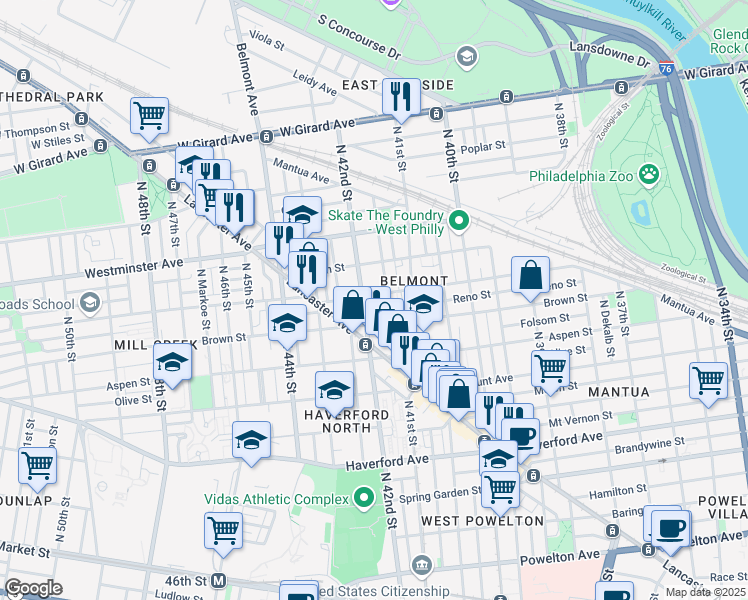 map of restaurants, bars, coffee shops, grocery stores, and more near 4138 Parrish Street in Philadelphia