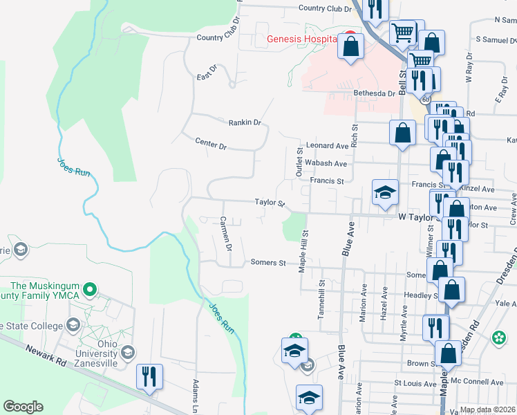 map of restaurants, bars, coffee shops, grocery stores, and more near 1132 Taylor Street in Zanesville