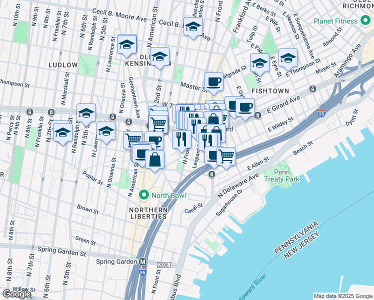 map of restaurants, bars, coffee shops, grocery stores, and more near 1101 North Front Street in Philadelphia