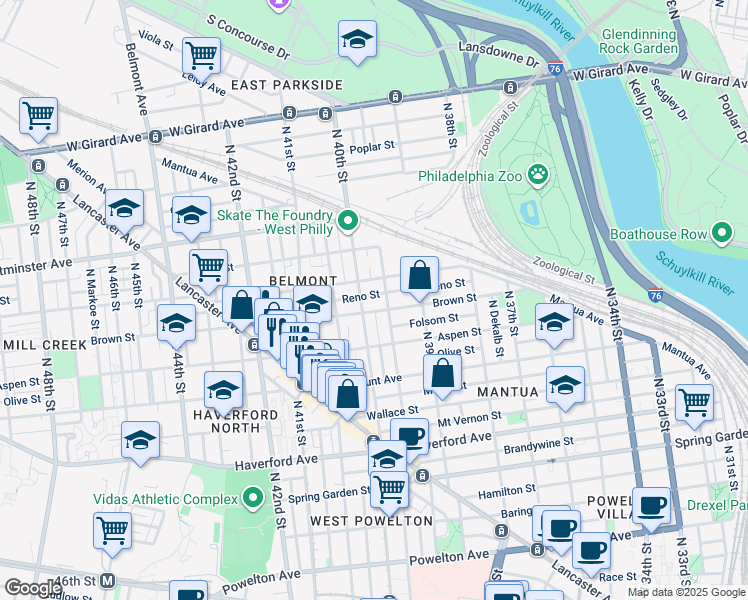 map of restaurants, bars, coffee shops, grocery stores, and more near 3968 Reno Street in Philadelphia