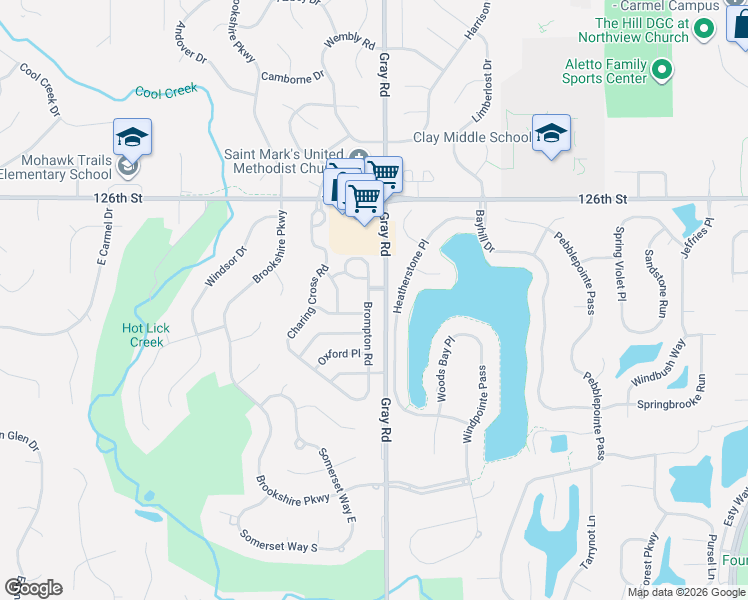 map of restaurants, bars, coffee shops, grocery stores, and more near 12341 Brompton Road in Carmel