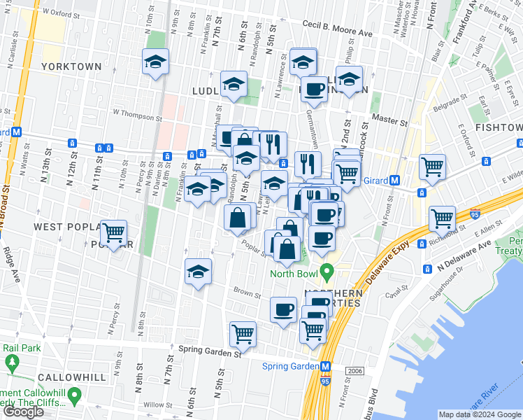 map of restaurants, bars, coffee shops, grocery stores, and more near 973 North Lawrence Street in Philadelphia