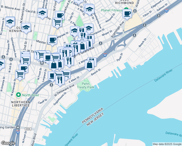 map of restaurants, bars, coffee shops, grocery stores, and more near 1341 North Delaware Avenue in Philadelphia