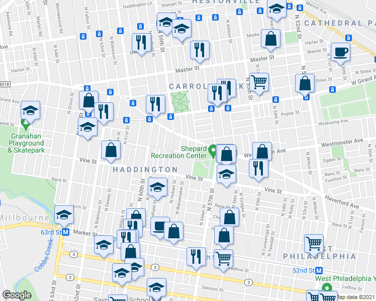 map of restaurants, bars, coffee shops, grocery stores, and more near 405 North Wanamaker Street in Philadelphia