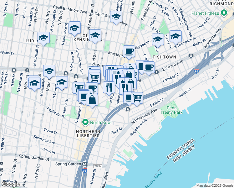 map of restaurants, bars, coffee shops, grocery stores, and more near 1101 North Front Street in Philadelphia