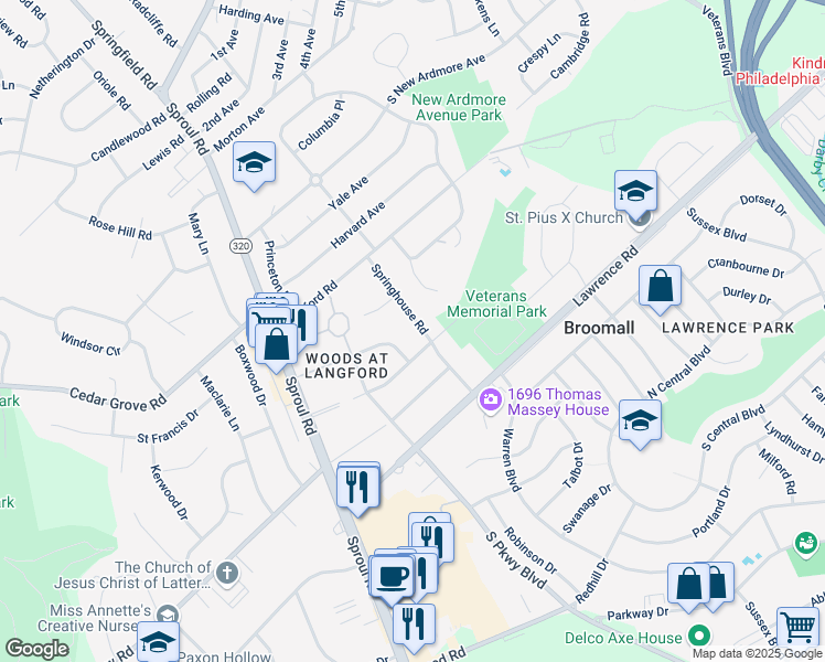 map of restaurants, bars, coffee shops, grocery stores, and more near 2030 Springhouse Road in Broomall