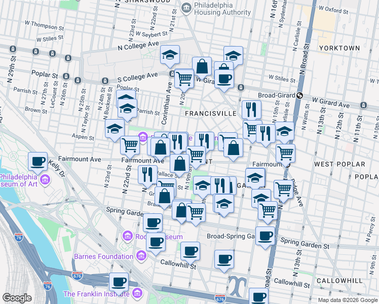 map of restaurants, bars, coffee shops, grocery stores, and more near 712 North 19th Street in Philadelphia