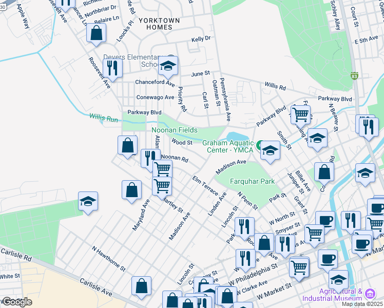 map of restaurants, bars, coffee shops, grocery stores, and more near 744 Village Road in York