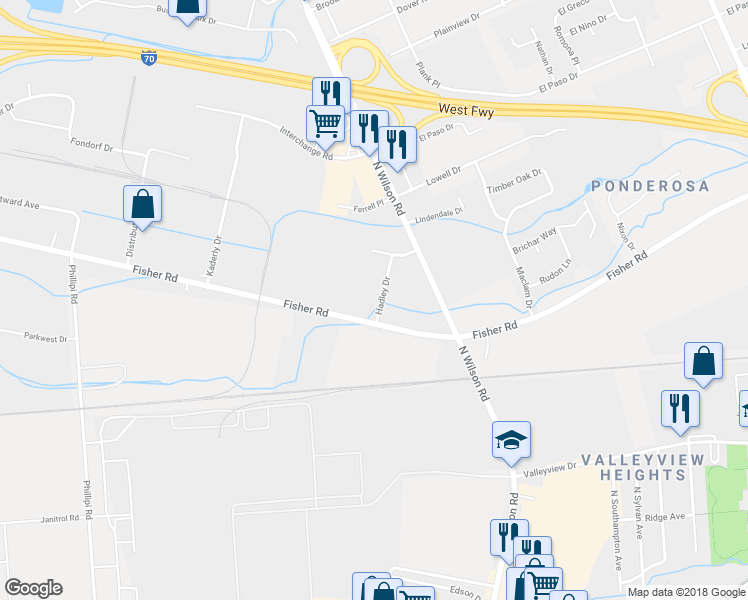 map of restaurants, bars, coffee shops, grocery stores, and more near 705 Hadley Drive in Columbus