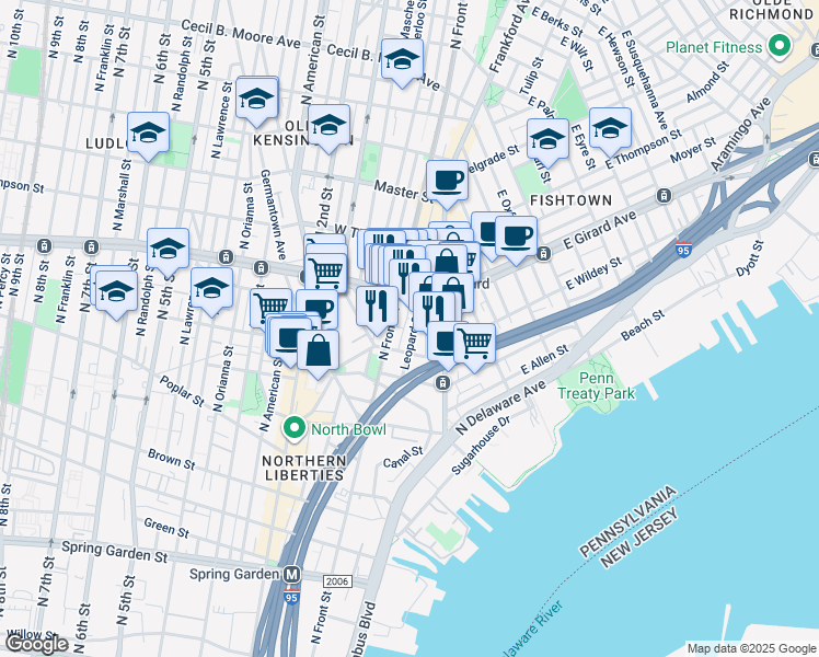 map of restaurants, bars, coffee shops, grocery stores, and more near 1128 Leopard Street in Philadelphia