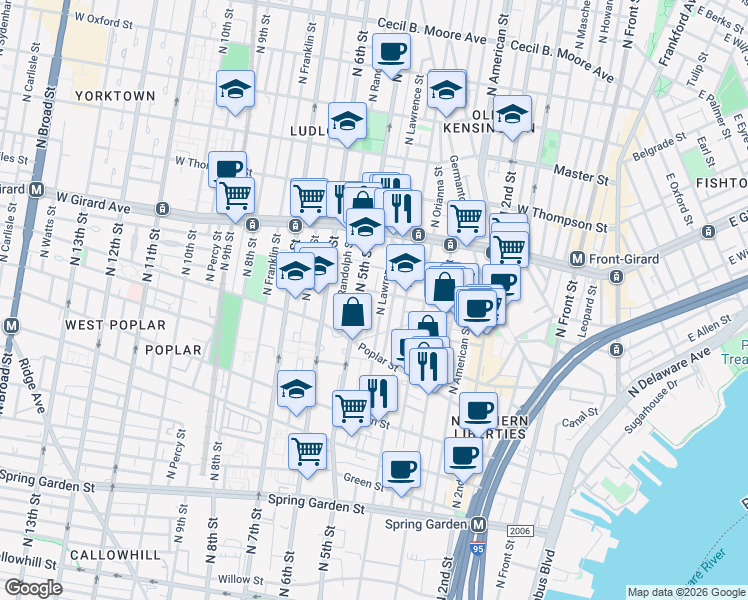 map of restaurants, bars, coffee shops, grocery stores, and more near 941 North 5th Street in Philadelphia