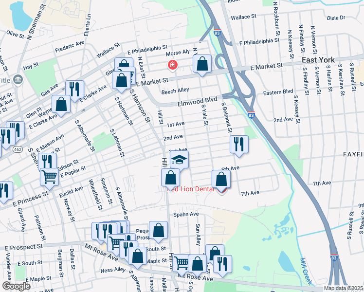 map of restaurants, bars, coffee shops, grocery stores, and more near 1436 3rd Avenue in York