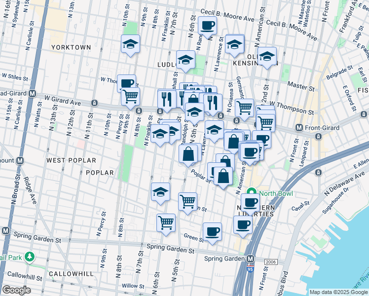 map of restaurants, bars, coffee shops, grocery stores, and more near 939 North Randolph Street in Philadelphia