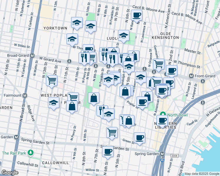 map of restaurants, bars, coffee shops, grocery stores, and more near 920 North Marshall Street in Philadelphia