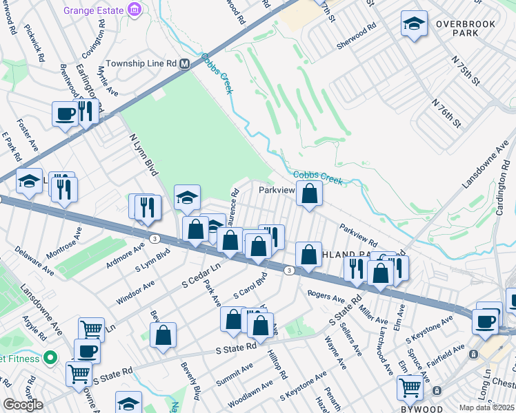 map of restaurants, bars, coffee shops, grocery stores, and more near 146 North Madison Avenue in Upper Darby