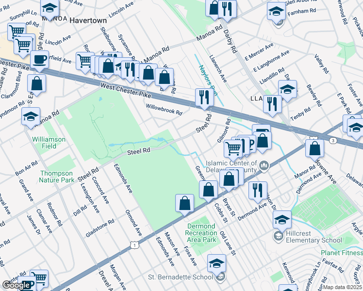 map of restaurants, bars, coffee shops, grocery stores, and more near 430 Greenview Ln in Havertown