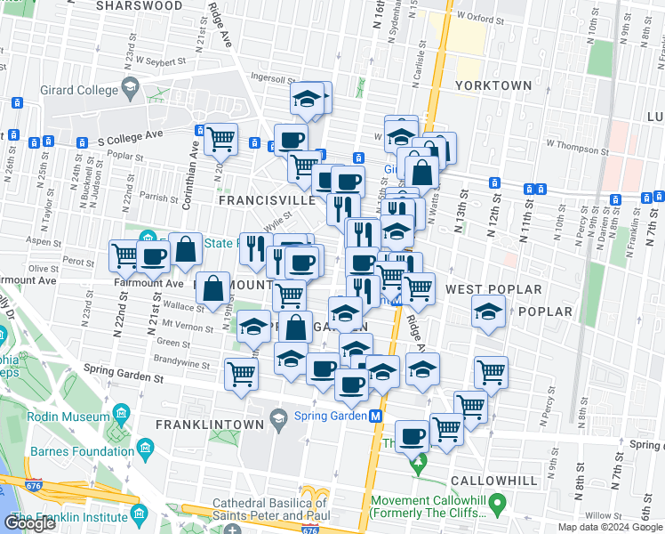 map of restaurants, bars, coffee shops, grocery stores, and more near 718 North 16th Street in Philadelphia