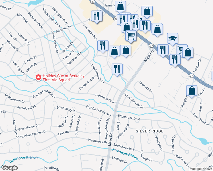 map of restaurants, bars, coffee shops, grocery stores, and more near 10 Porlamar Court in Berkeley Township