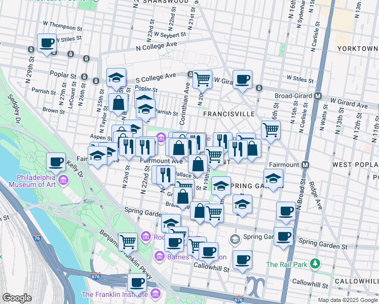 map of restaurants, bars, coffee shops, grocery stores, and more near 714 North 20th Street in Philadelphia