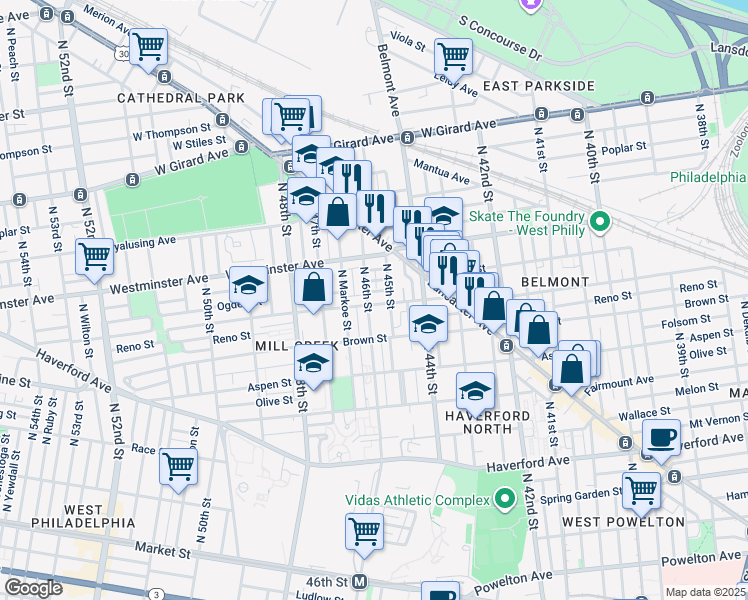map of restaurants, bars, coffee shops, grocery stores, and more near 4523 Parrish Street in Philadelphia