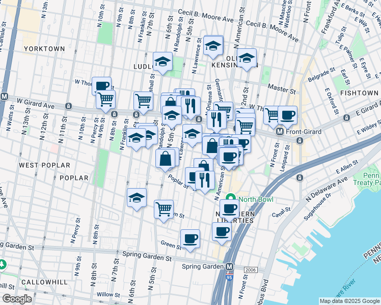 map of restaurants, bars, coffee shops, grocery stores, and more near 1040 North 4th Street in Philadelphia