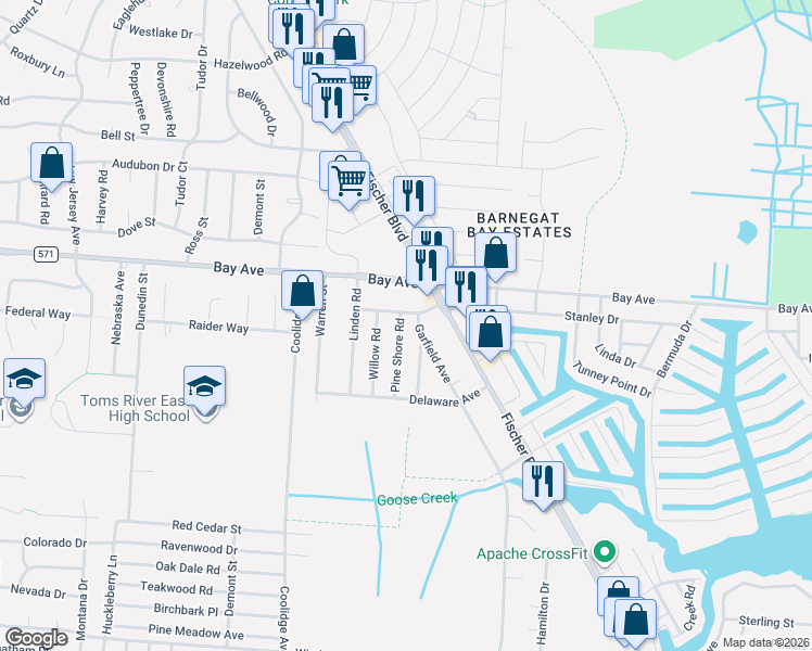 map of restaurants, bars, coffee shops, grocery stores, and more near 804 Pine Shore Road in Toms River
