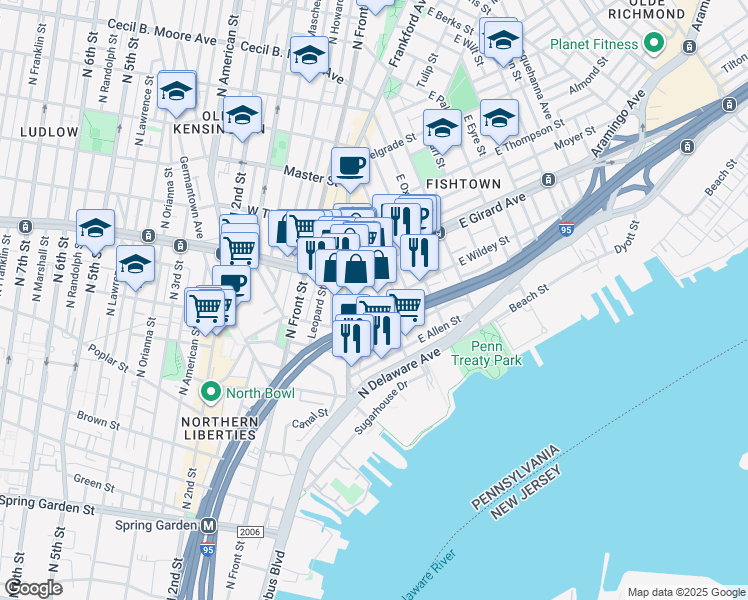 map of restaurants, bars, coffee shops, grocery stores, and more near 150 East Wildey Street in Philadelphia