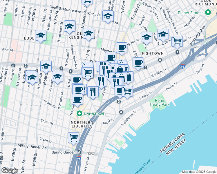 map of restaurants, bars, coffee shops, grocery stores, and more near 1101 North Front Street in Philadelphia