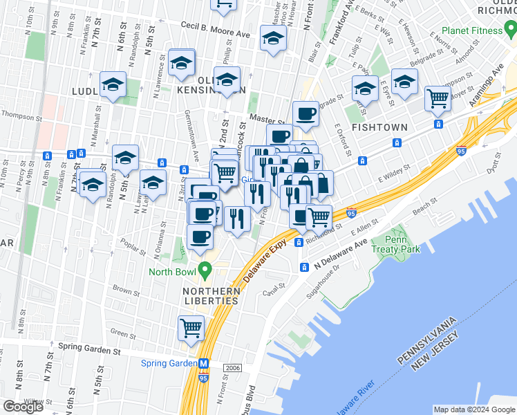 map of restaurants, bars, coffee shops, grocery stores, and more near 1101 North Front Street in Philadelphia