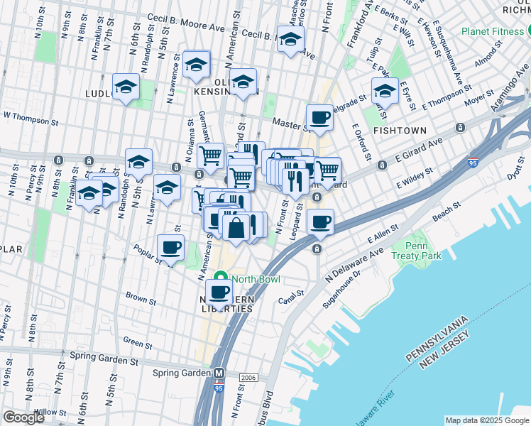 map of restaurants, bars, coffee shops, grocery stores, and more near 1100 North Hancock Street in Philadelphia