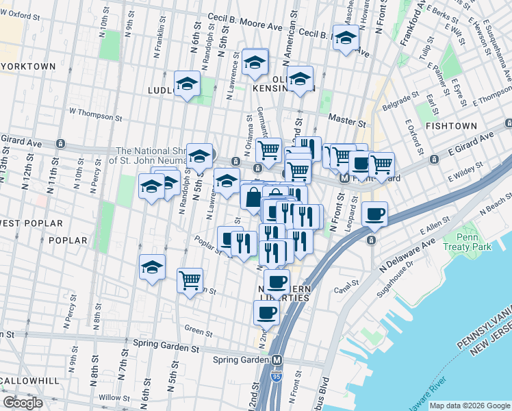 map of restaurants, bars, coffee shops, grocery stores, and more near 222 West George Street in Philadelphia