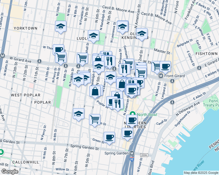 map of restaurants, bars, coffee shops, grocery stores, and more near 980 North Lawrence Street in Philadelphia