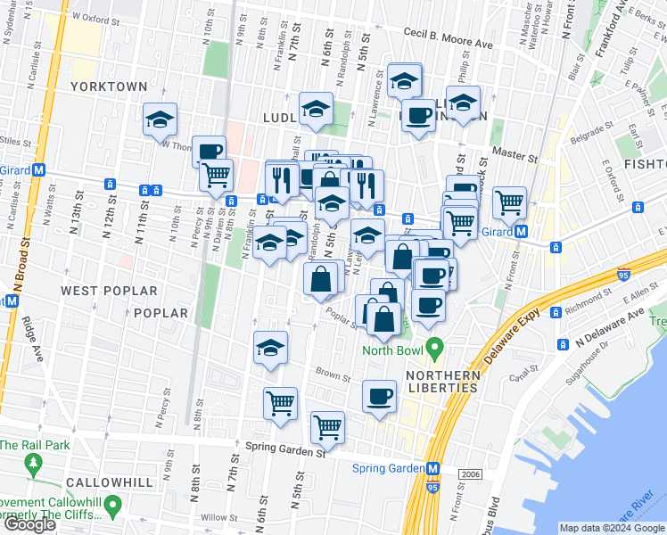 map of restaurants, bars, coffee shops, grocery stores, and more near 941 North 5th Street in Philadelphia