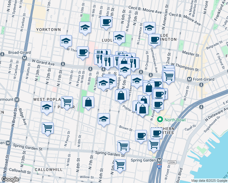 map of restaurants, bars, coffee shops, grocery stores, and more near 915 North 6th Street in Philadelphia