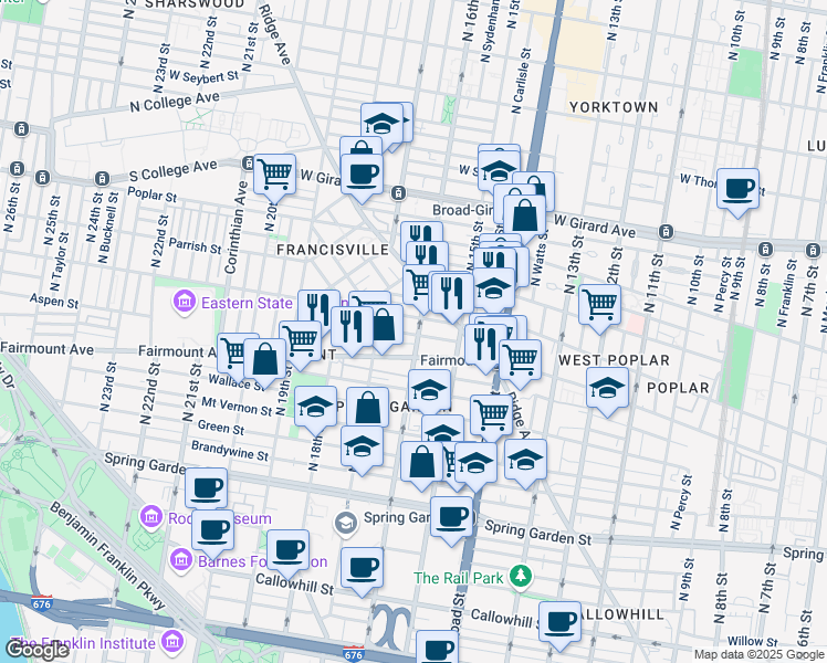 map of restaurants, bars, coffee shops, grocery stores, and more near 718 North 16th Street in Philadelphia
