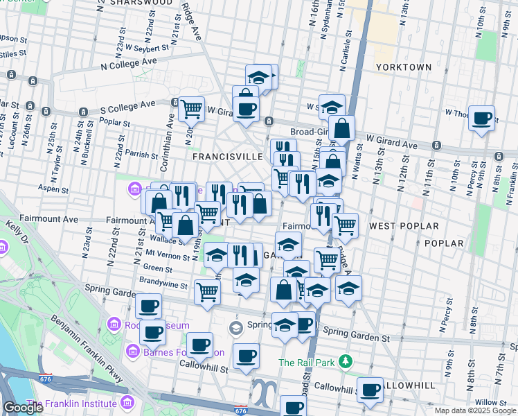 map of restaurants, bars, coffee shops, grocery stores, and more near 711 North 17th Street in Philadelphia