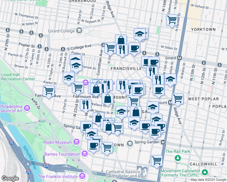 map of restaurants, bars, coffee shops, grocery stores, and more near in Philadelphia