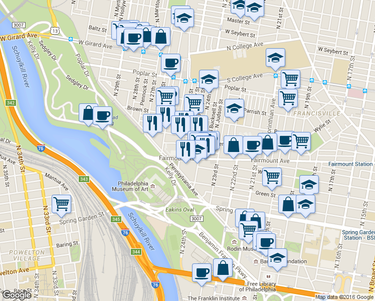 map of restaurants, bars, coffee shops, grocery stores, and more near 2401 Pennsylvania Avenue in Philadelphia