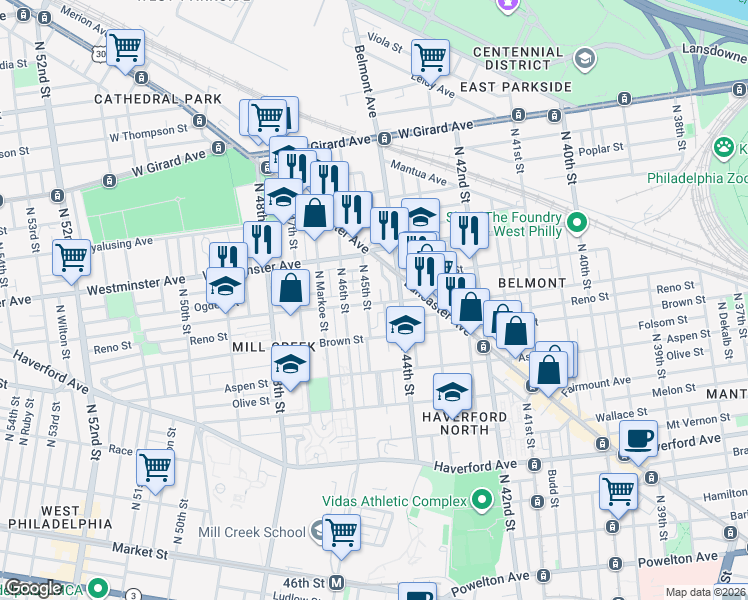 map of restaurants, bars, coffee shops, grocery stores, and more near 830 North 45th Street in Philadelphia