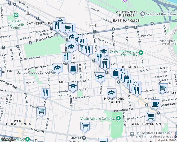 map of restaurants, bars, coffee shops, grocery stores, and more near 4515 Parrish Street in Philadelphia