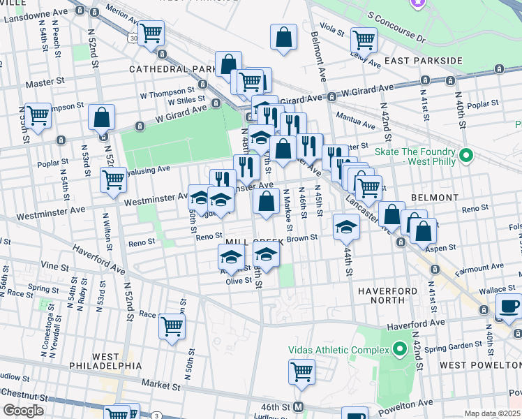 map of restaurants, bars, coffee shops, grocery stores, and more near 4709 Parrish Street in Philadelphia