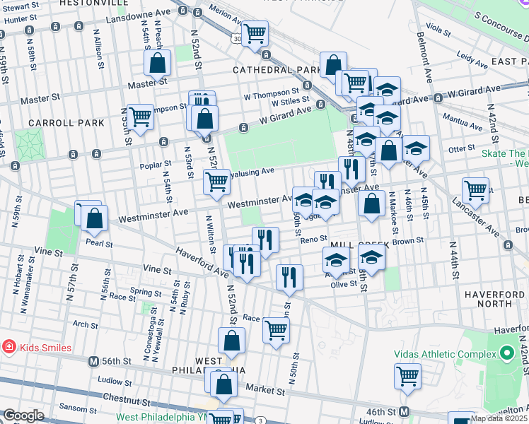 map of restaurants, bars, coffee shops, grocery stores, and more near 5055 Ogden Street in Philadelphia