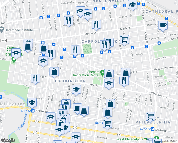 map of restaurants, bars, coffee shops, grocery stores, and more near 3 North 59th Street in Philadelphia