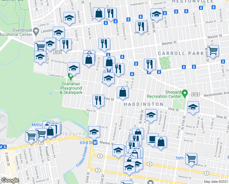 map of restaurants, bars, coffee shops, grocery stores, and more near 315 North Felton Street in Philadelphia